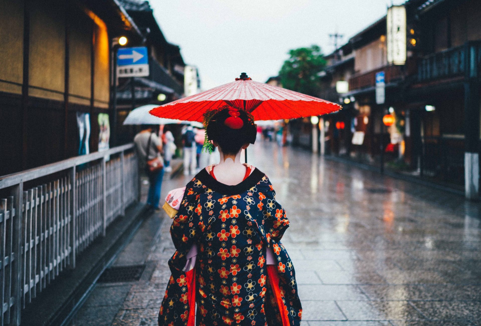 lady in kimono with umbrella in the streets of Japan